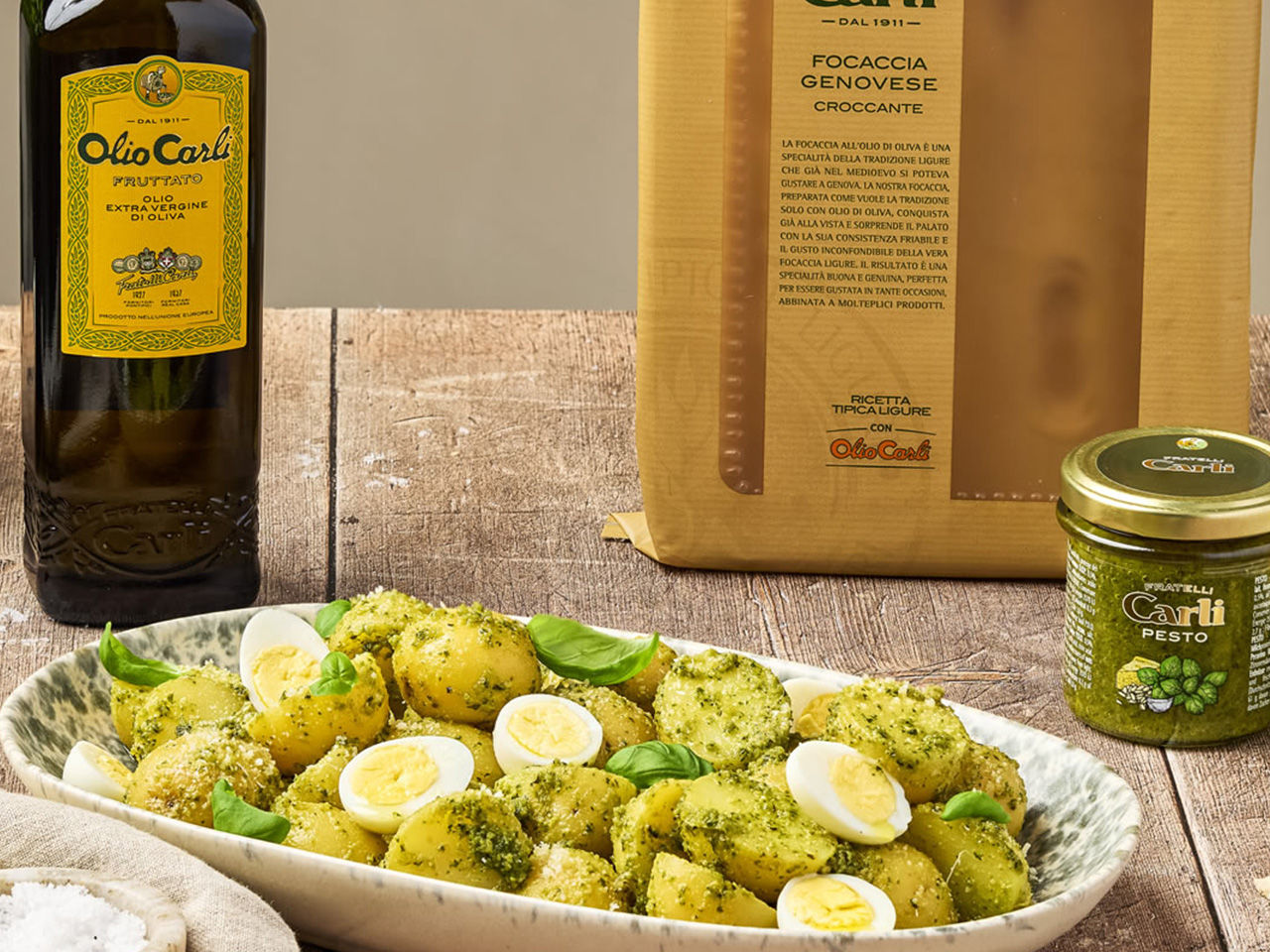 Kartoffelsalat mit Pesto und Olivenoel Fruttato Fratelli Carli